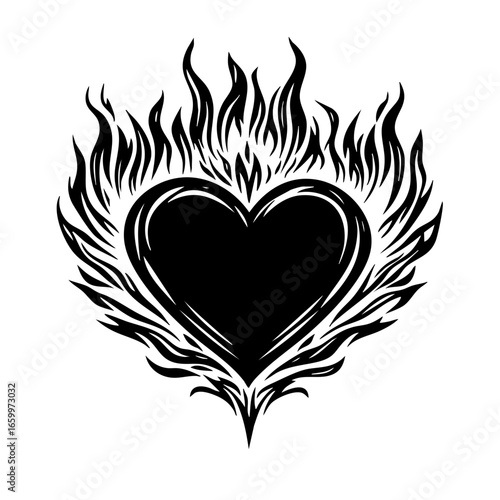 Flaming heart design symbolizing passion, desire, and intensity in art with intricate flame details around heart shape