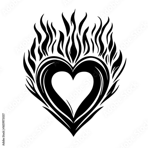Flaming heart design with intricate flame patterns and bold lines representing passion and intensity