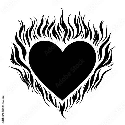 Heart shape surrounded by ornate flame patterns representing passion and intensity in a bold black vector art design