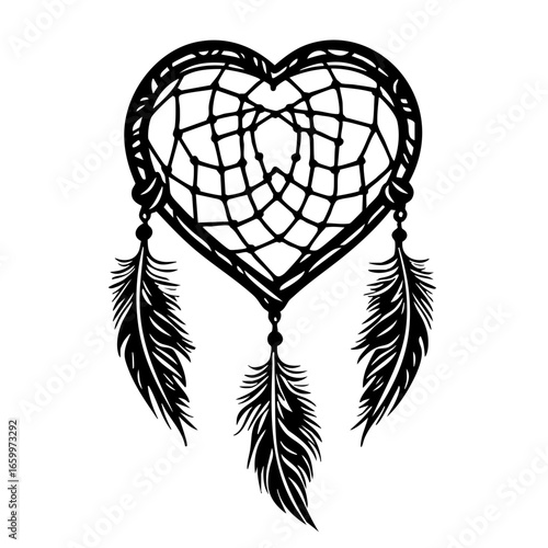 Heart-shaped dreamcatcher design featuring feathers for creative art projects or decor enhancement