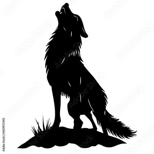Howling wolf silhouette standing on a mound evokes a sense of wilderness at dusk in a natural landscape