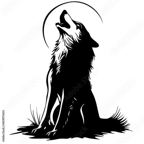 Wolf howls at crescent moon in serene night setting, symbolizing wilderness and freedom, showcasing natural beauty and wild spirit