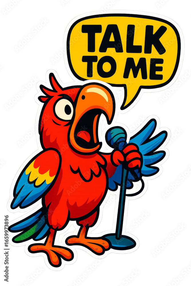Obraz premium Cartoon parrot singing with microphone and speech bubble saying talk to me on transparent background