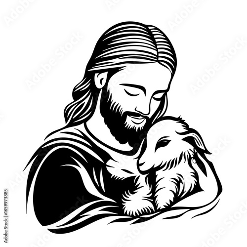 Christian symbolism of compassion depicted by a figure holding a lamb in a tender embrace illustrating care and protection