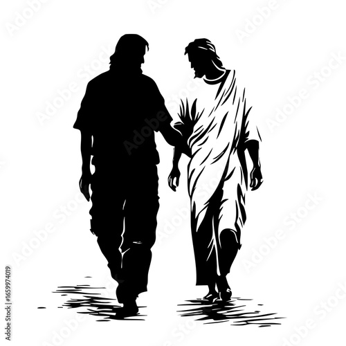 Walking together in harmony with a figure representing peace and guidance