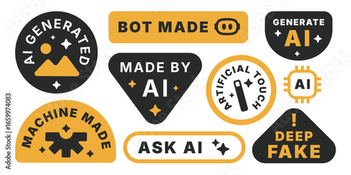 Ai generate elements collection. Badges, stickers, labels, signs for content made by artificial intelligence
