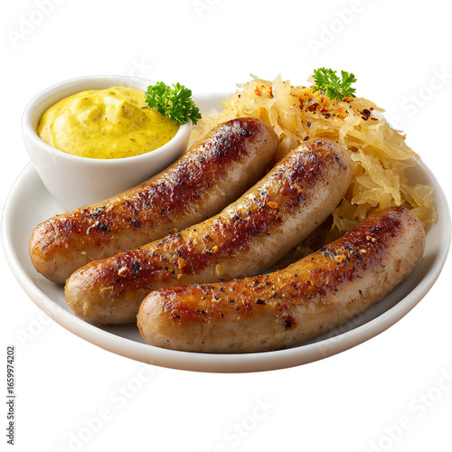 Sausage platter with mustard and sauerkraut. Isolated white background. Png format