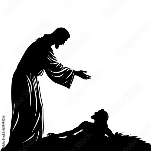 Jesus reaching out to a suffering man in a moment of compassion and healing in a spiritual setting