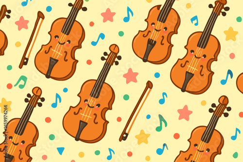 Adorable smiling violins in a colorful seamless music pattern