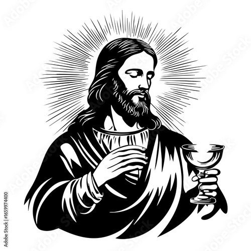 Representation of a figure holding a cup with rays emanating in a black vector style emphasizing depth and emotion