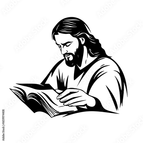 Man reading a book with a focused expression, depicting contemplation and knowledge through a vector illustration