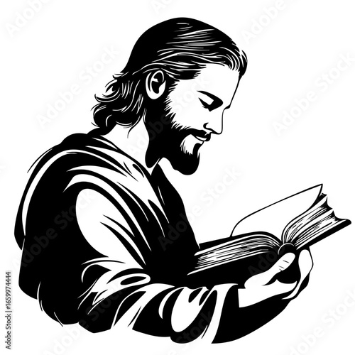 Man reading a book in a thoughtful manner with long hair and beard, dressed in simple garb while engaged in reflection