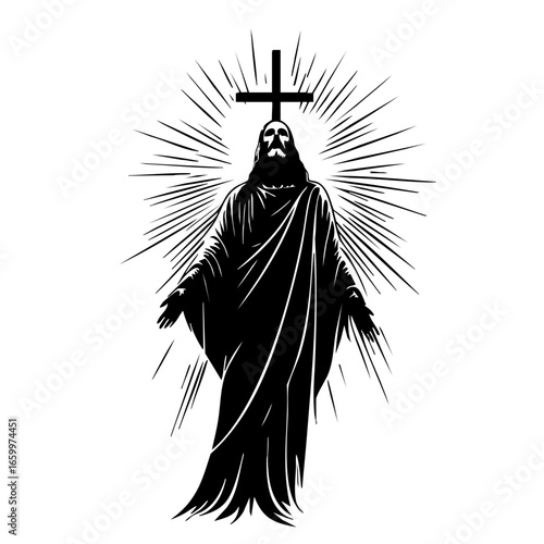 Black vector of a religious figure with rays of light and a cross, symbolizing divinity and spirituality in art