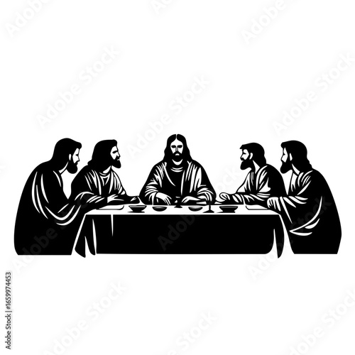 Depiction of a historical gathering featuring Jesus and his disciples at a table sharing a meal together in a significant moment