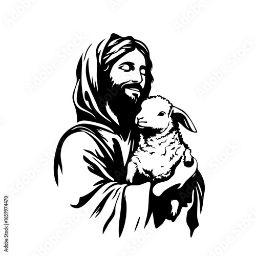 Depiction of a compassionate figure holding a lamb while conveying a message of peace and love through gestures and expression