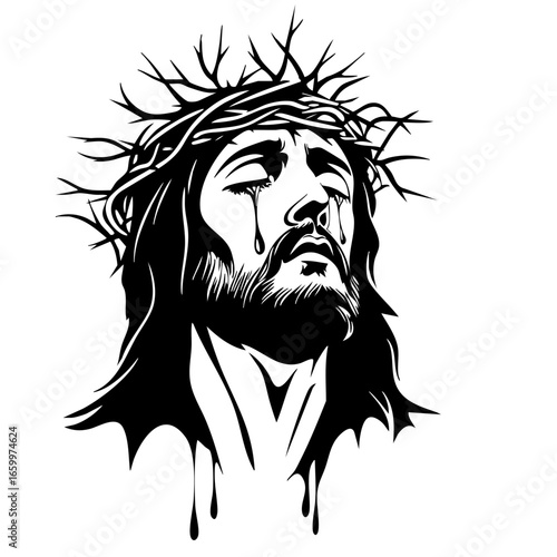 Depiction of a sorrowful figure wearing a crown of thorns, expressing anguish and deep emotion in a striking black vector style