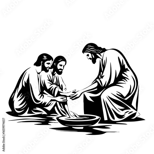 Interaction of three figures in a significant ritual demonstrating humility and service in a religious context
