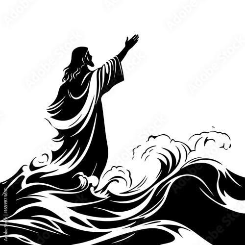 Jesus standing with one arm raised amidst turbulent waves, symbolizing strength and faith during adversity