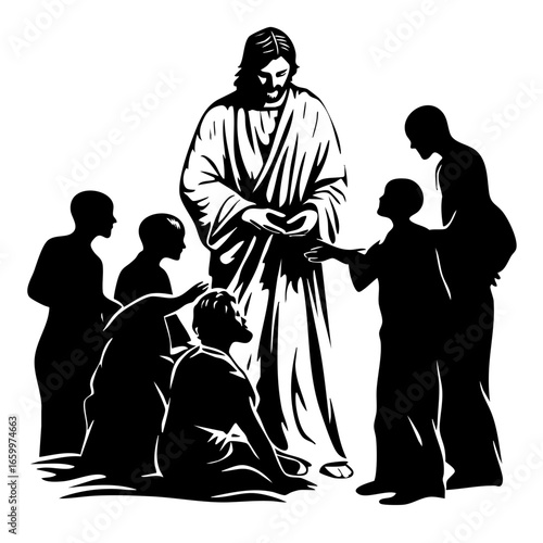 Interaction between Jesus and followers sharing messages of love and faith in a meaningful gathering in a spiritual context