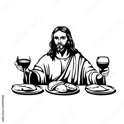 Significant religious figure hosting a meal with wine and bread, symbolizing communion and sharing of faith