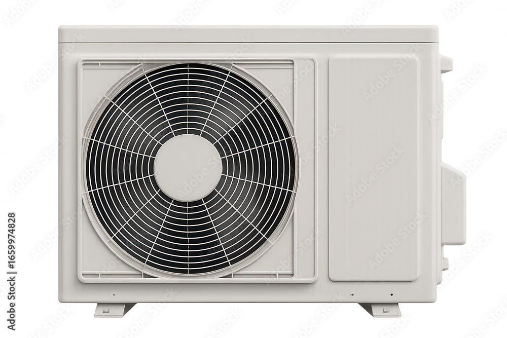 Fototapeta premium Air conditioner external unit with rotating fan blades providing cooling and climate control, isolated on transparent background