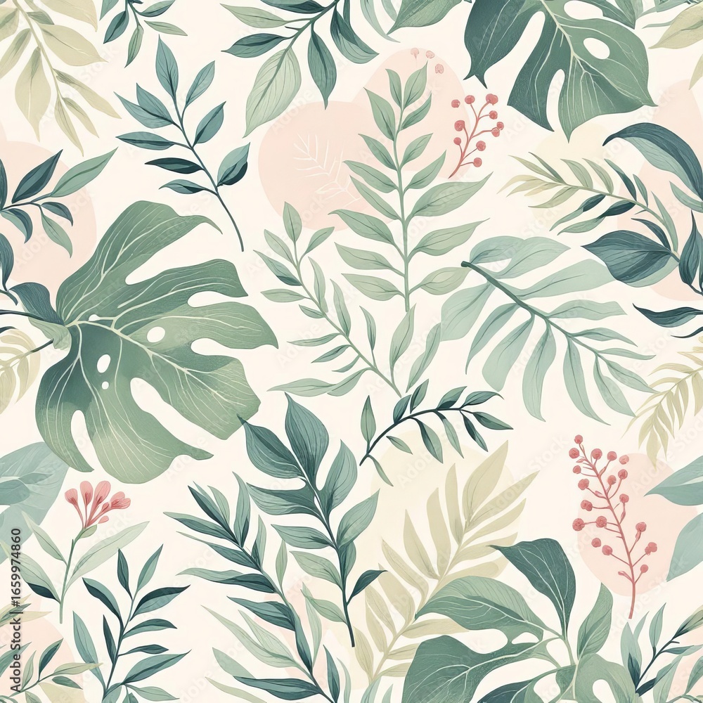 Fototapeta premium Seamless tropical leaf pattern with monstera and palm leaves in green and pink