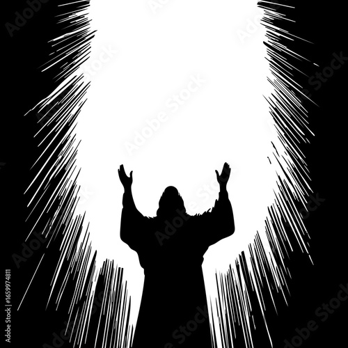 Man in a robe with arms raised, expressing emotion, surrounded by radiating lines in a powerful display of energy