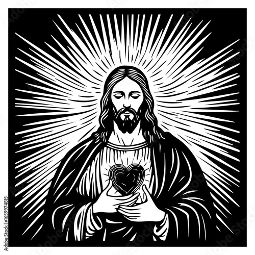 Illustration of a sacred figure holding a heart symbol, radiating light in a striking vector style