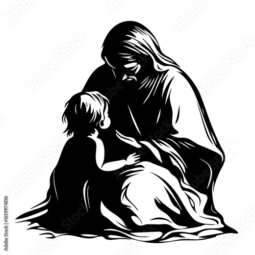 Spiritual connection between a compassionate figure and a child conveying warmth and guidance in their shared moment