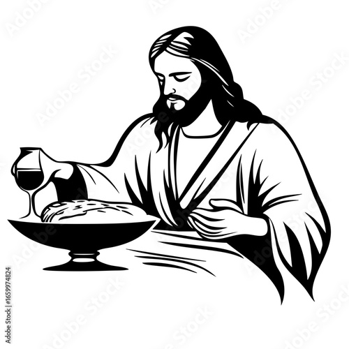 Depiction of a historical figure serving bread and wine in a solemn moment of reflection and sharing during a significant meal