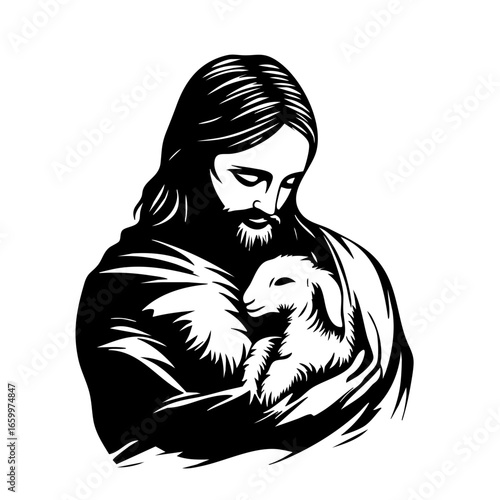 Depiction of a serene figure holding a gentle lamb, symbolizing compassion and care in a timeless style