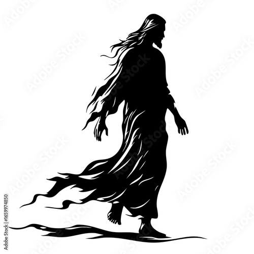 Figure of a man walking, draped in flowing garments with long hair, evoking a sense of grace and serenity in motion
