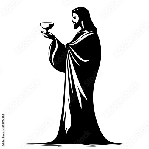 Artistic depiction of a figure holding a cup, showcasing spirituality and reverence in a minimalist design