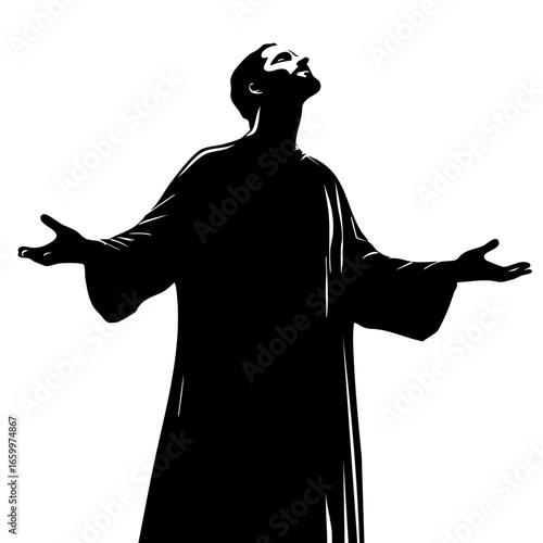 Silhouette of a man with outstretched arms expressing joy, faith, or devotion in a serene moment of worship or reflection
