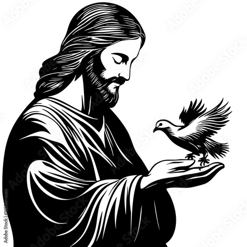 Jesus with a dove in hand expressing compassion and peace, symbolizing hope and spirituality in a serene moment