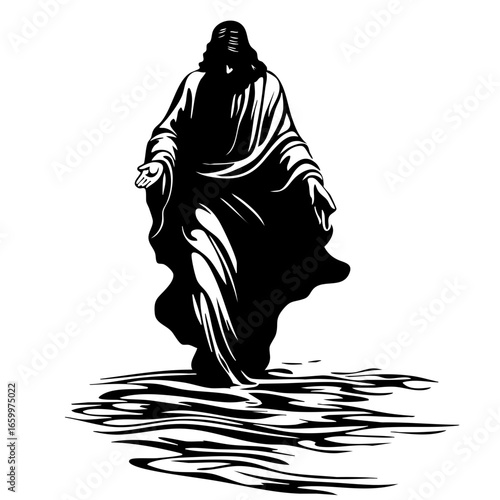 Walking on water, a figure in flowing robes extends an inviting hand, symbolizing faith and hope in a serene setting