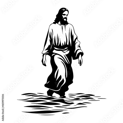 Depiction of a figure walking on water in a serene environment, showcasing tranquility and faith