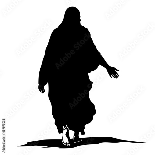 Silhouette of a figure walking with flowing attire and outstretched arm, evoking a sense of movement and grace