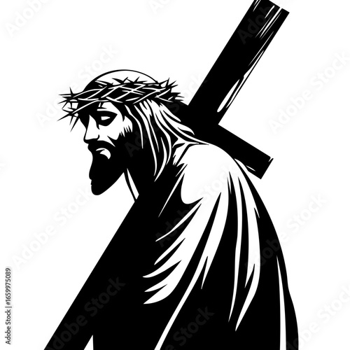 Christ carrying the cross with a crown of thorns, depicting a moment of sacrifice and devotion in a spiritual context