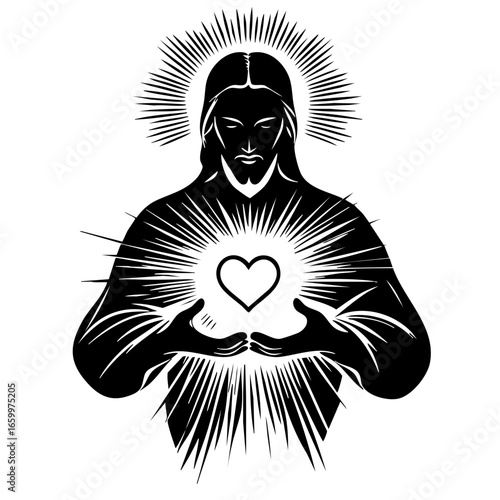Representing divine love, a figure with radiant light holds a heart close, symbolizing compassion and connection