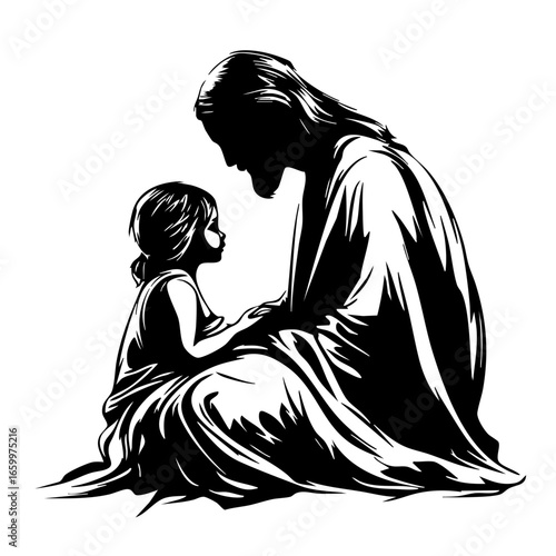 Interaction of a figure with a child, showcasing tenderness and connection in a spiritual context