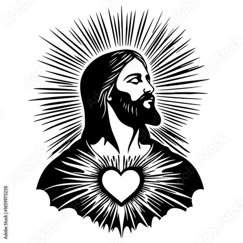 Vector illustration of a religious figure with radiating light and a heart, representing devotion and faith