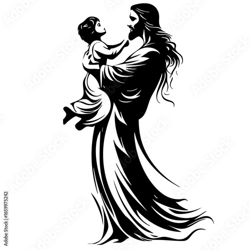Depiction of a father figure holding a child with gentle affection, expressing love and connection through a nurturing embrace