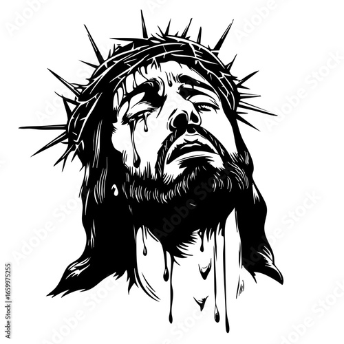 Representation of Christ with Crown of Thorns expressing sorrow and suffering through tears and blood in a powerful artistic depiction
