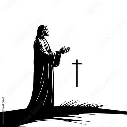 Black vector illustration of a figure with outstretched arms near a cross on a grassy hill