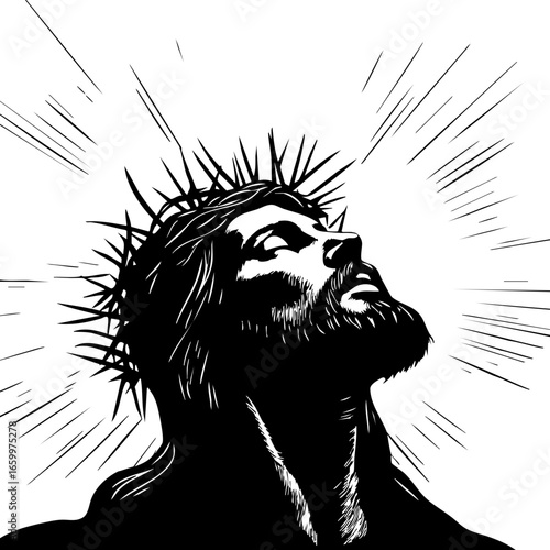 Christian figure with crown of thorns, radiating light and symbolizing sacrifice and hope
