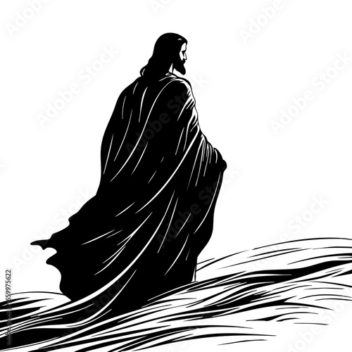 Walking figure in cloak traverses a serene landscape at dusk, embodying contemplation and spirituality through flowing contours and shadow