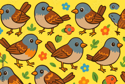 Cute Birds and Flowers Seamless Pattern