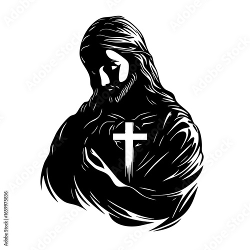 Jesus holding a cross in a black vector illustration expressing faith and devotion