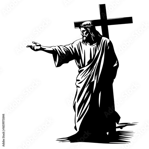 Black vector depiction of Jesus pointing, representing faith and spirituality with a cross in hand